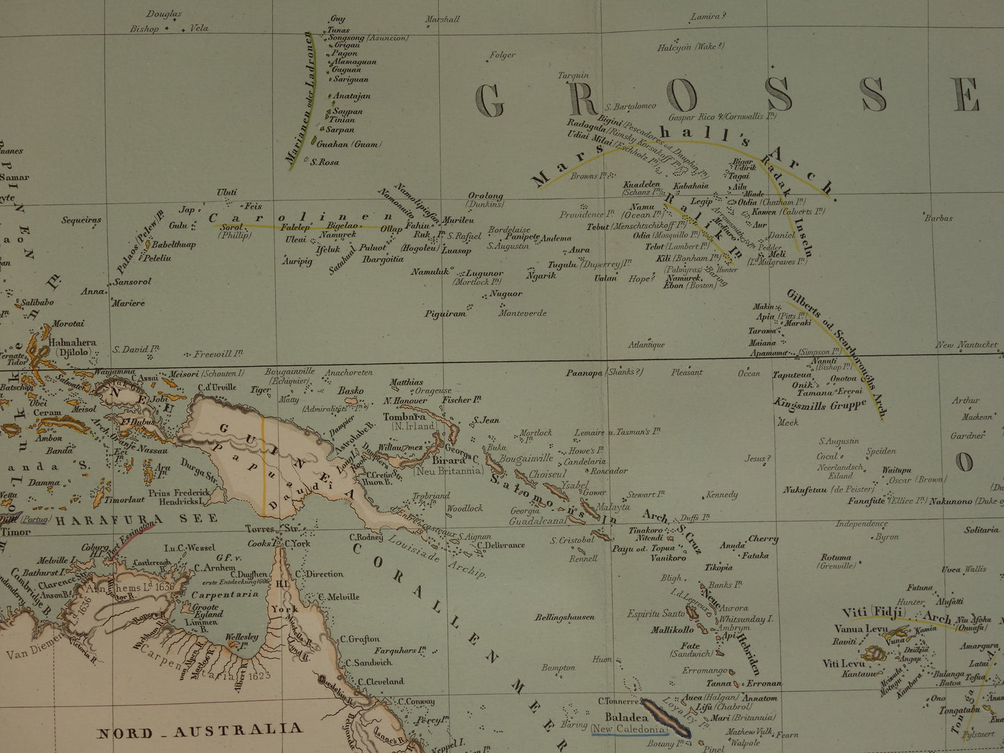 Oude landkaart van Oceanië in 1855 originele antieke grote kaart Australië Indonesië Polynesië handgekleurde vintage landkaarten