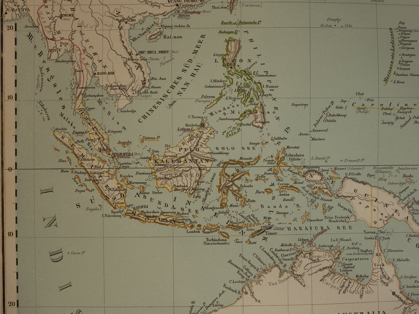 Oude landkaart van Oceanië in 1855 originele antieke grote kaart Australië Indonesië Polynesië handgekleurde vintage landkaarten