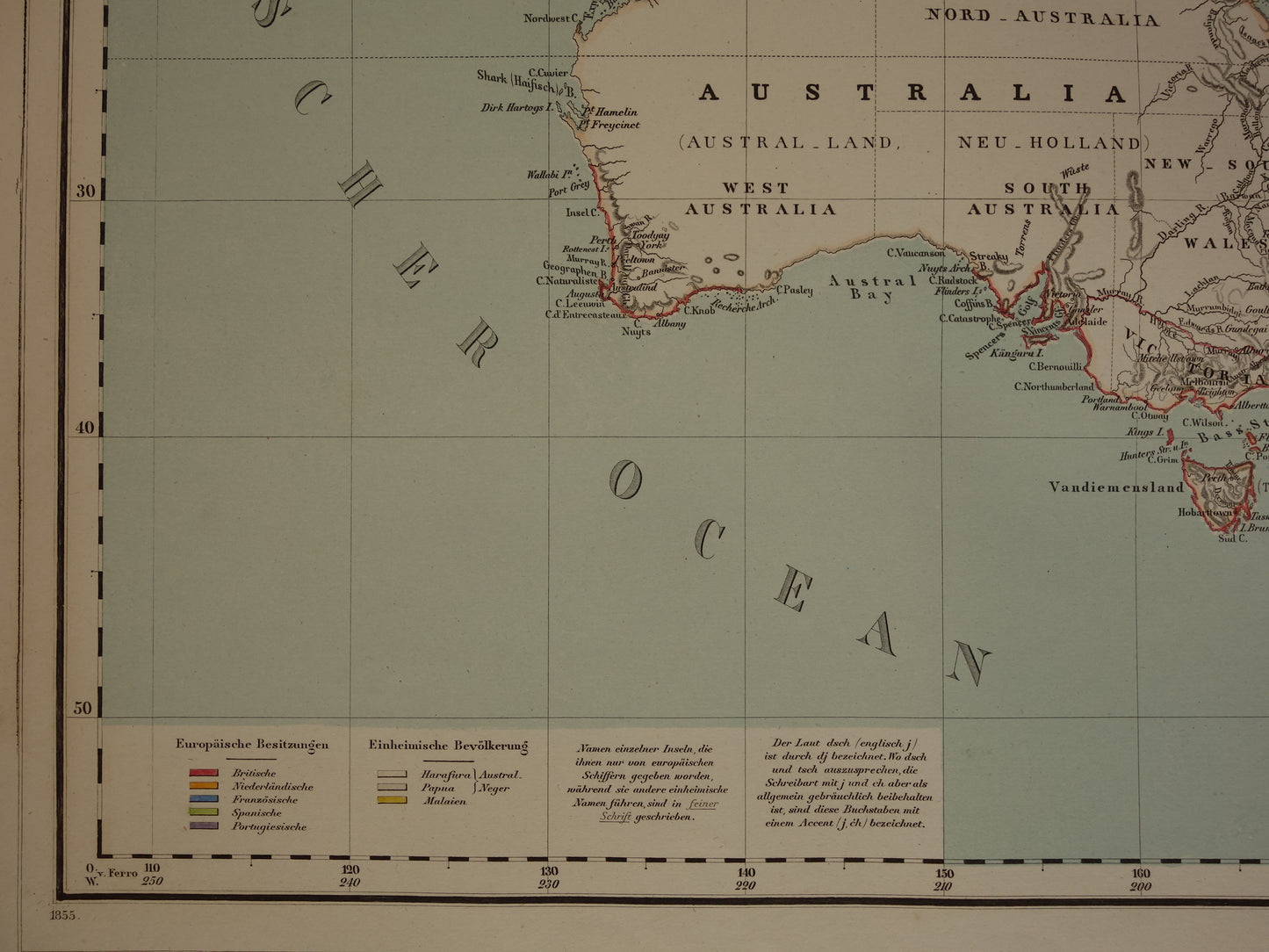 Oude landkaart van Oceanië in 1855 originele antieke grote kaart Australië Indonesië Polynesië handgekleurde vintage landkaarten