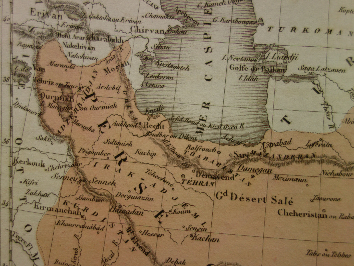 Antieke kaart van IRAN 180+ jaar oude Franse handgekleurde landkaart Perzië Balochistan 1838