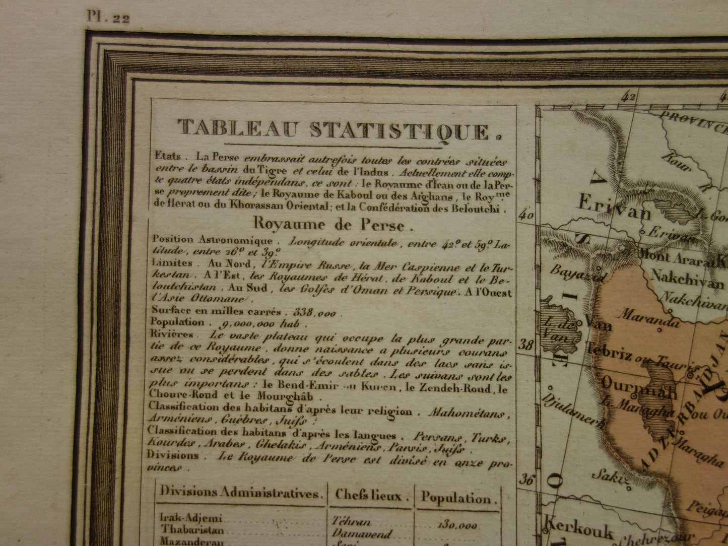 Antieke kaart van IRAN 180+ jaar oude Franse handgekleurde landkaart Perzië Balochistan 1838