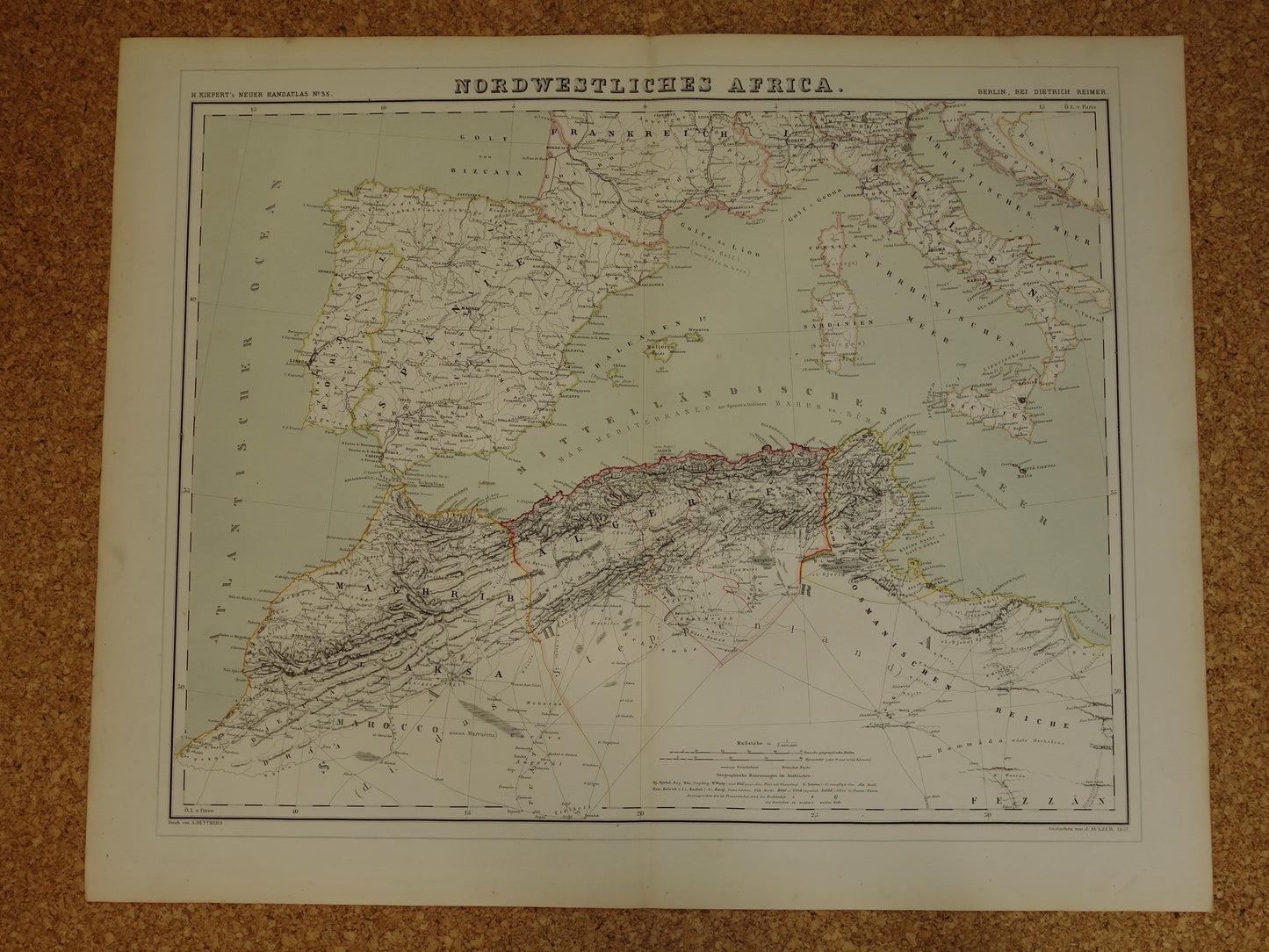 Oude kaart van westelijk Middellandse Zeegebied originele antieke landkaart van Marokko Tunesië Algerije Spanje Corisca met jaartal grote historische kaarten