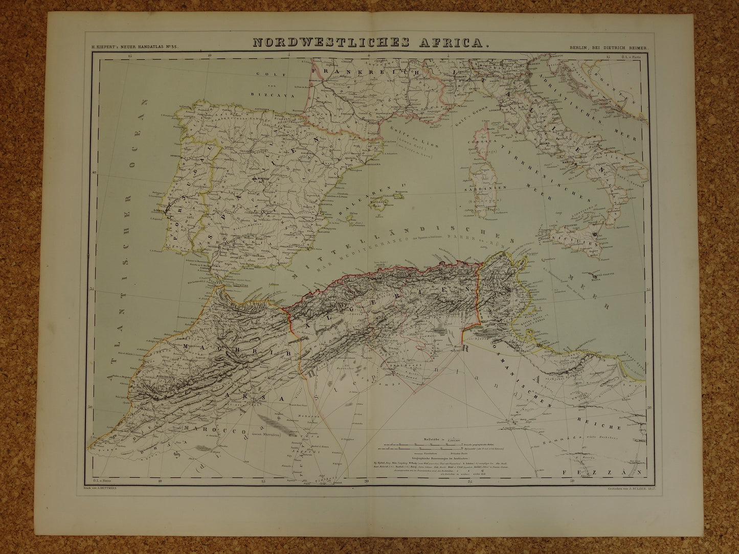 Oude kaart van westelijk Middellandse Zeegebied originele antieke landkaart van Marokko Tunesië Algerije Spanje Corisca met jaartal grote historische kaarten