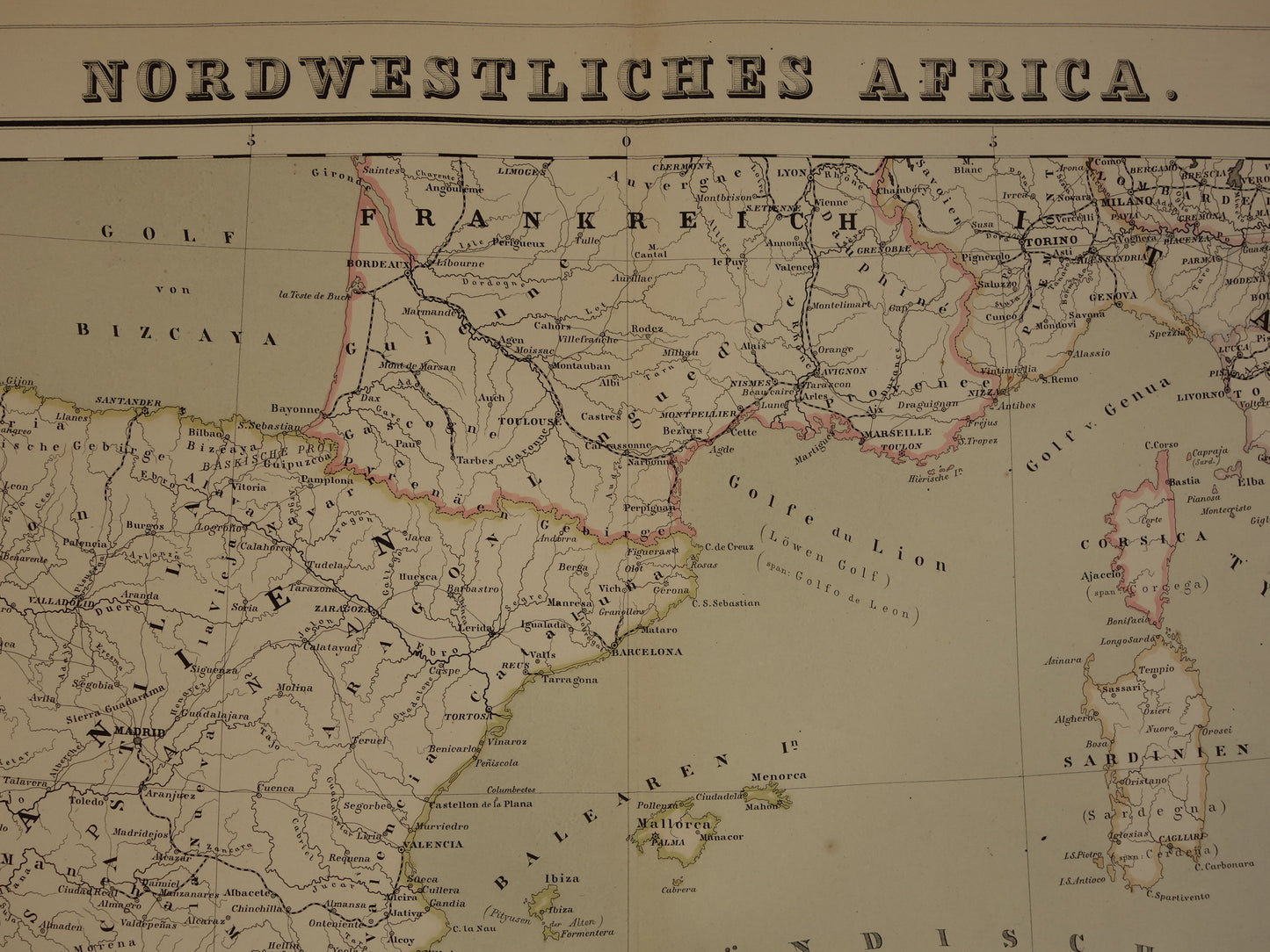 Oude kaart van westelijk Middellandse Zeegebied originele antieke landkaart van Marokko Tunesië Algerije Spanje Corisca met jaartal grote historische kaarten