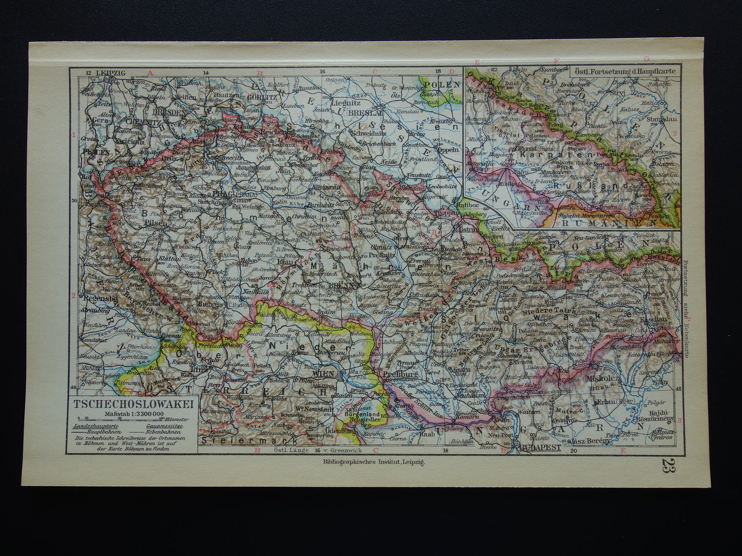 TSJECHOSLOWAKIJE oude kaart van Tsjechië en Slowakije uit 1928 originele kleine vintage landkaart Praag Bratislava