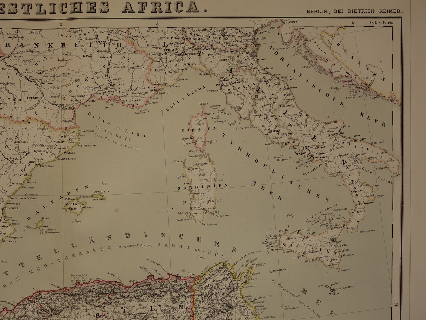 Oude kaart van westelijk Middellandse Zeegebied originele antieke landkaart van Marokko Tunesië Algerije Spanje Corisca met jaartal grote historische kaarten