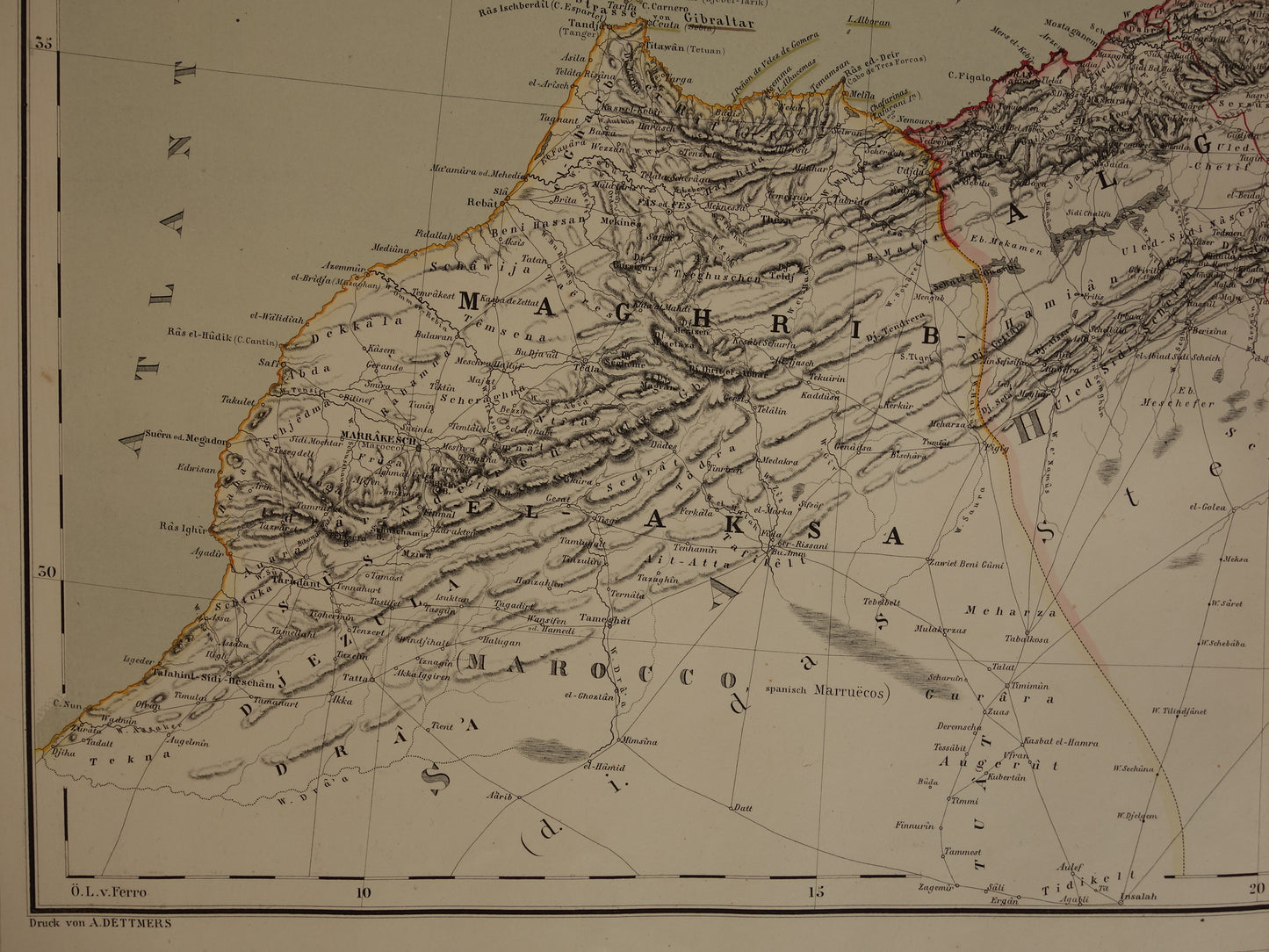 Oude kaart van westelijk Middellandse Zeegebied originele antieke landkaart van Marokko Tunesië Algerije Spanje Corisca met jaartal grote historische kaarten