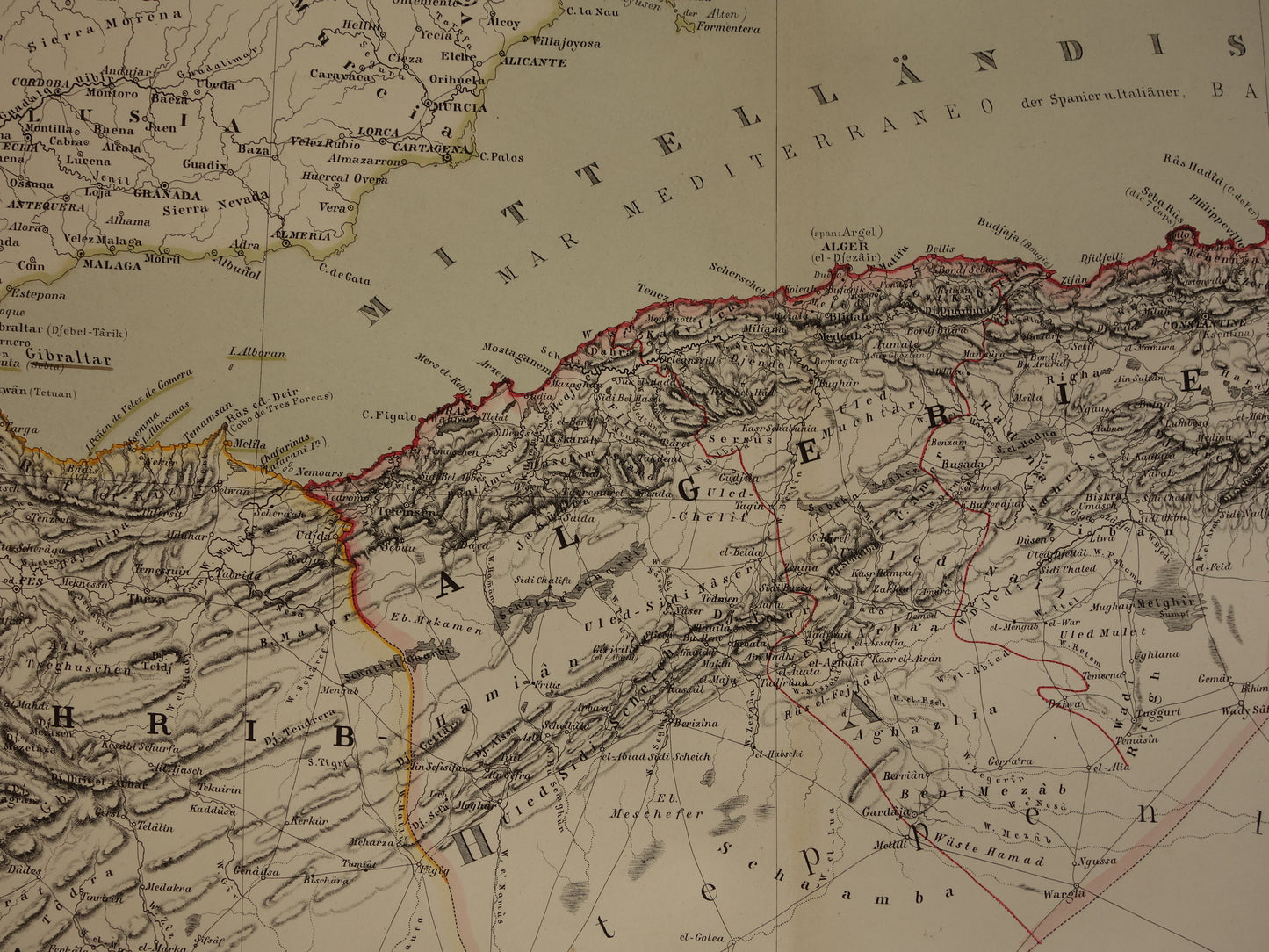 Oude kaart van westelijk Middellandse Zeegebied originele antieke landkaart van Marokko Tunesië Algerije Spanje Corisca met jaartal grote historische kaarten