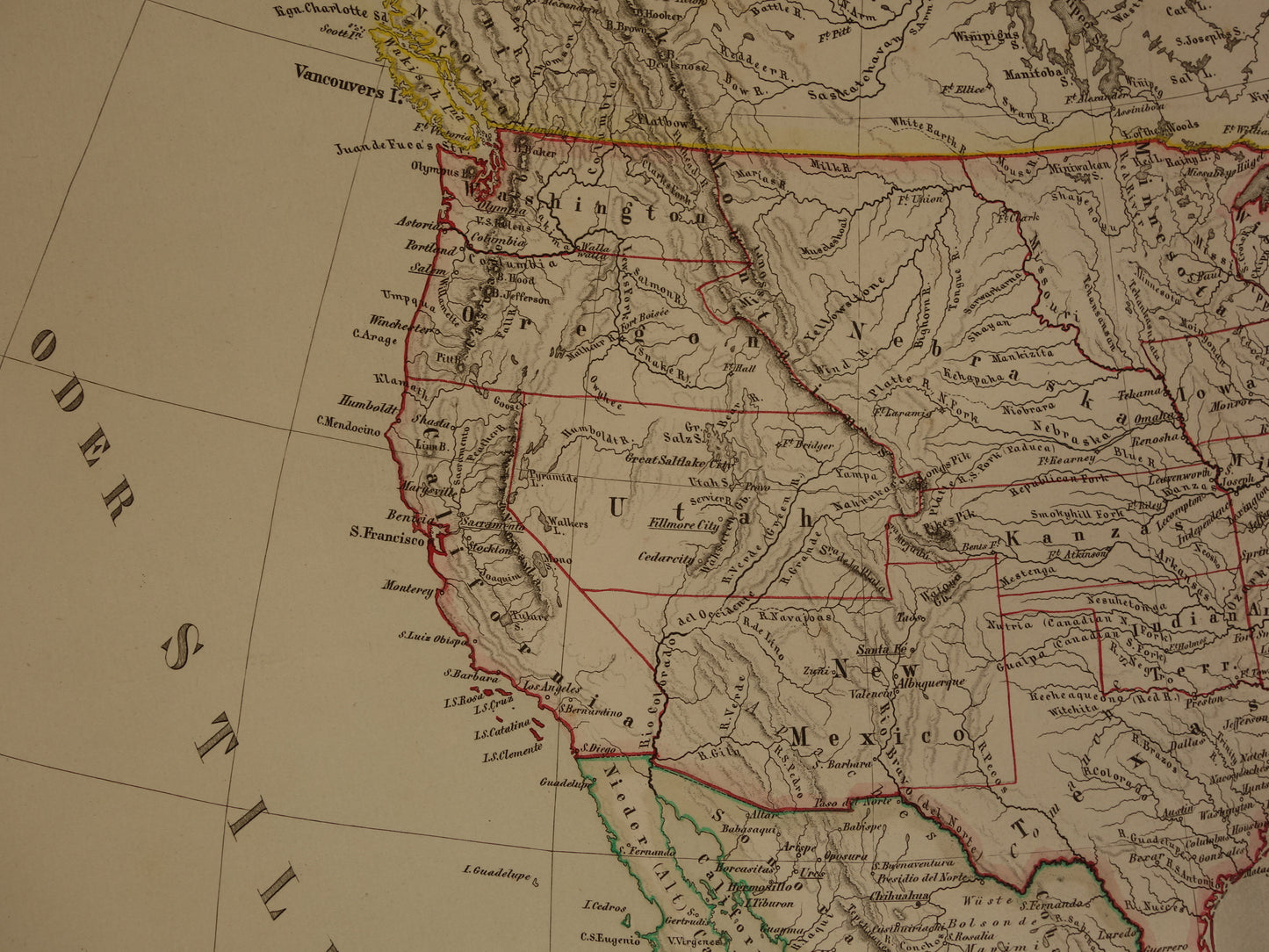 NOORD-AMERIKA antieke landkaart uit 1860 van VS Canada Mexico oude kaart originele vintage historische kaarten