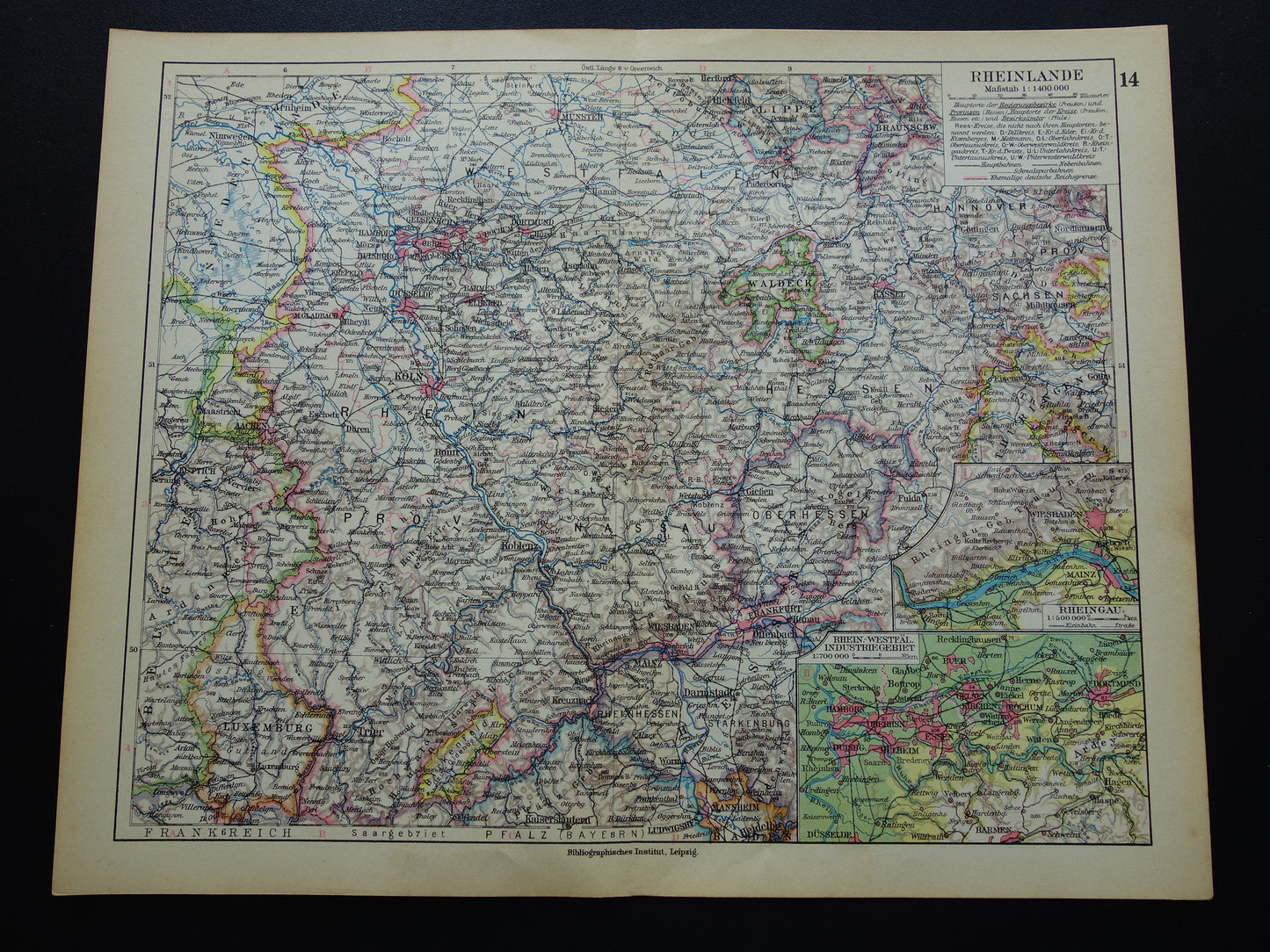DUITSLAND oude landkaart van Rhijnland 1928 originele vintage Duitse kaart Ruhrgebied Keulen Essen Dortmund Kassel