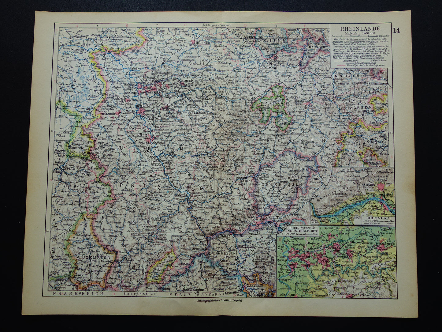 DUITSLAND oude landkaart van Rhijnland 1928 originele vintage Duitse kaart Ruhrgebied Keulen Essen Dortmund Kassel