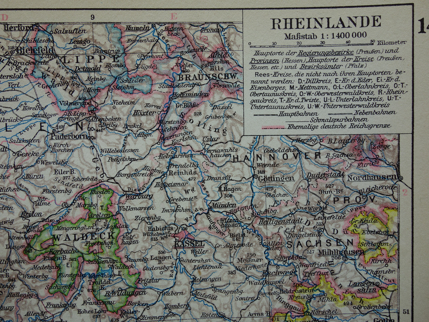 DUITSLAND oude landkaart van Rhijnland 1928 originele vintage Duitse kaart Ruhrgebied Keulen Essen Dortmund Kassel