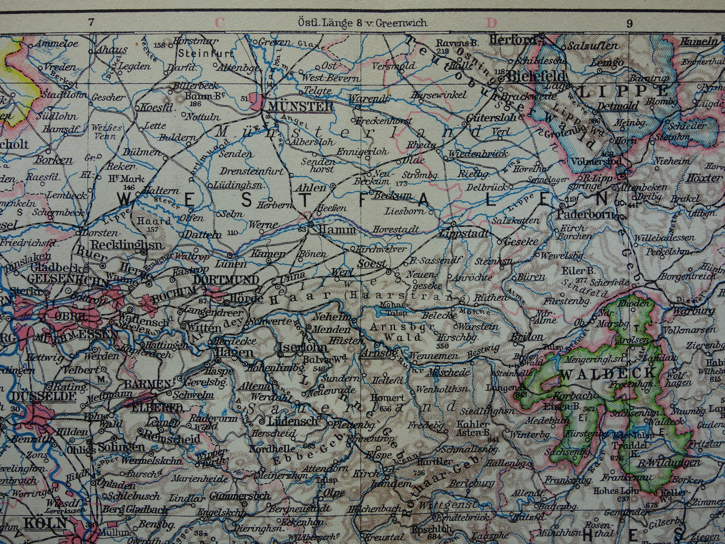 DUITSLAND oude landkaart van Rhijnland 1928 originele vintage Duitse kaart Ruhrgebied Keulen Essen Dortmund Kassel