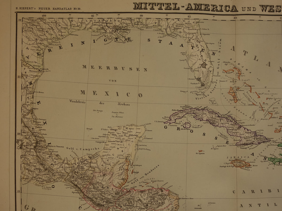 Alte Karte der Karibik und Mittelamerikas von 1857, originale antike Karte der Karibik, Antillen, Kuba, Nicaragua, Vintage-Karten