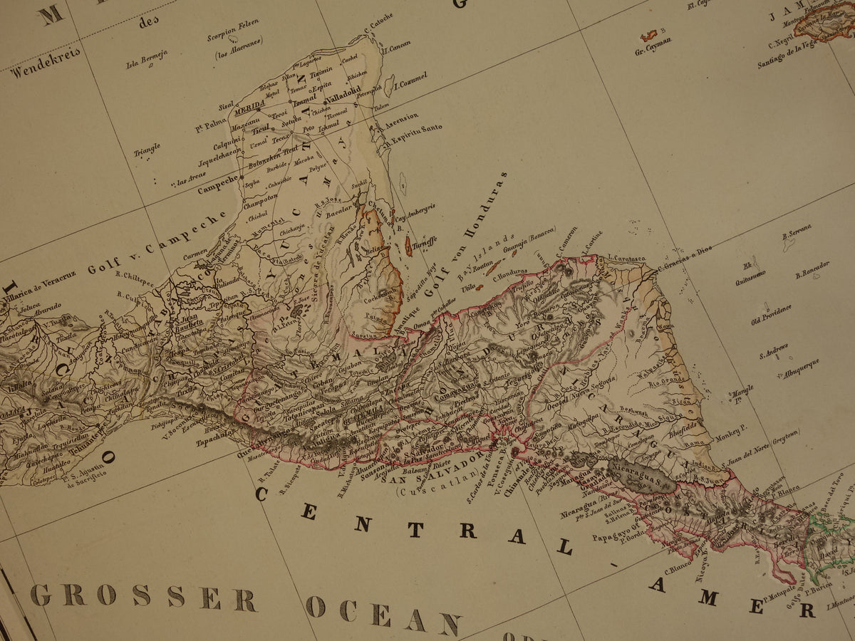 Alte Karte der Karibik und Mittelamerikas von 1857, originale antike Karte der Karibik, Antillen, Kuba, Nicaragua, Vintage-Karten