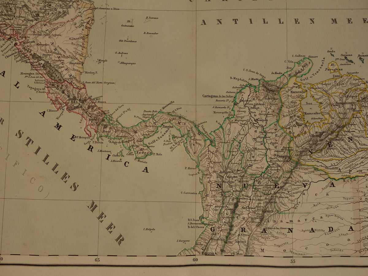 Alte Karte der Karibik und Mittelamerikas von 1857, originale antike Karte der Karibik, Antillen, Kuba, Nicaragua, Vintage-Karten