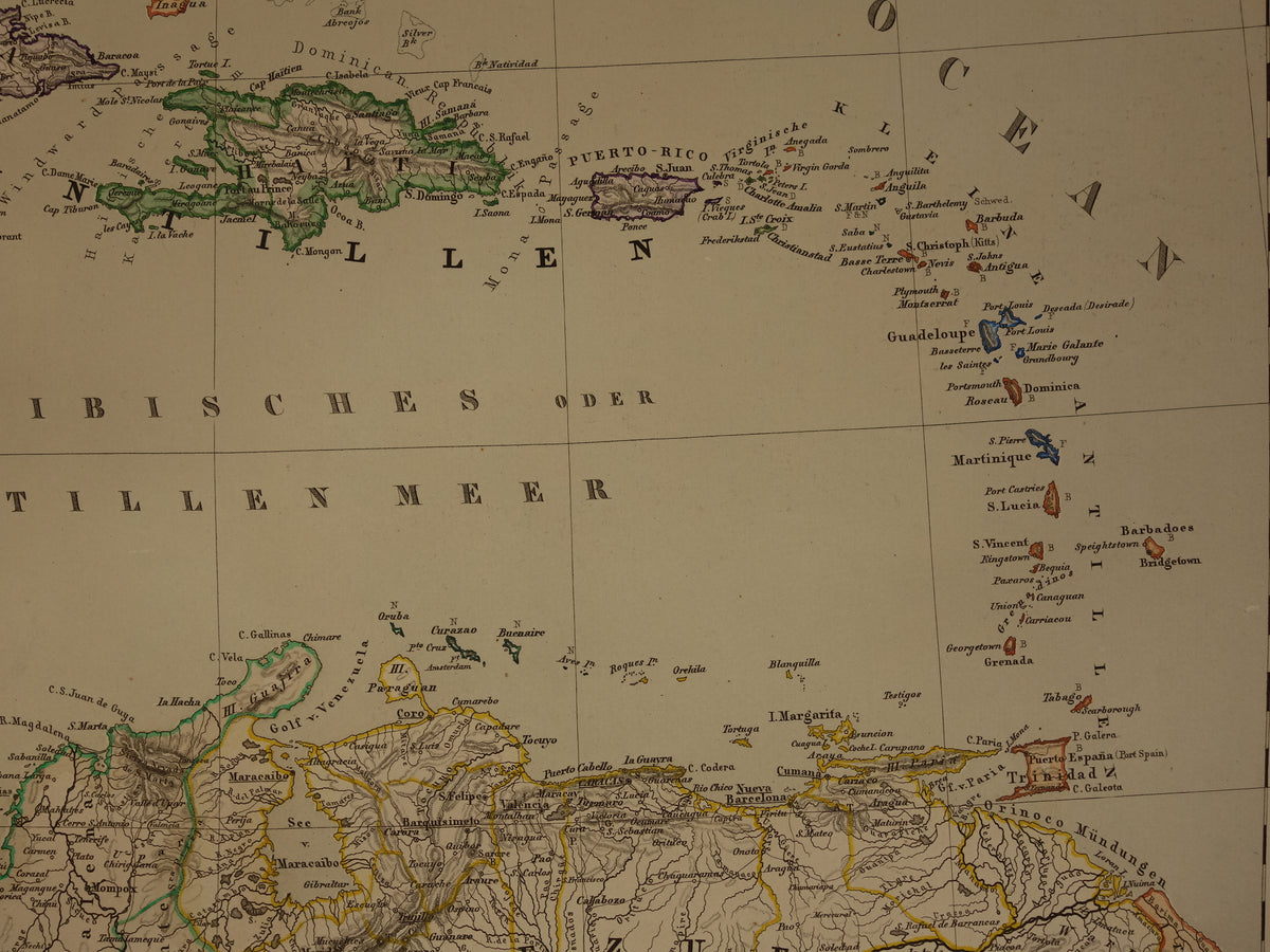 Alte Karte der Karibik und Mittelamerikas von 1857, originale antike Karte der Karibik, Antillen, Kuba, Nicaragua, Vintage-Karten