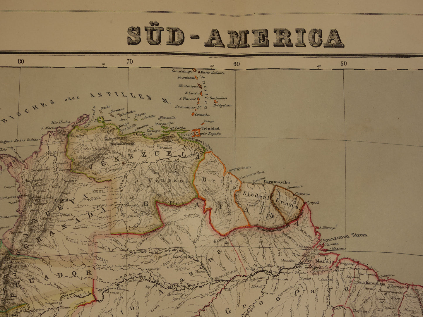 ZUID-AMERIKA Grote oude kaart van Zuid-Amerika uit 1860 originele antieke landkaart Patagonië Brazilië Argentinië Suriname vintage poster