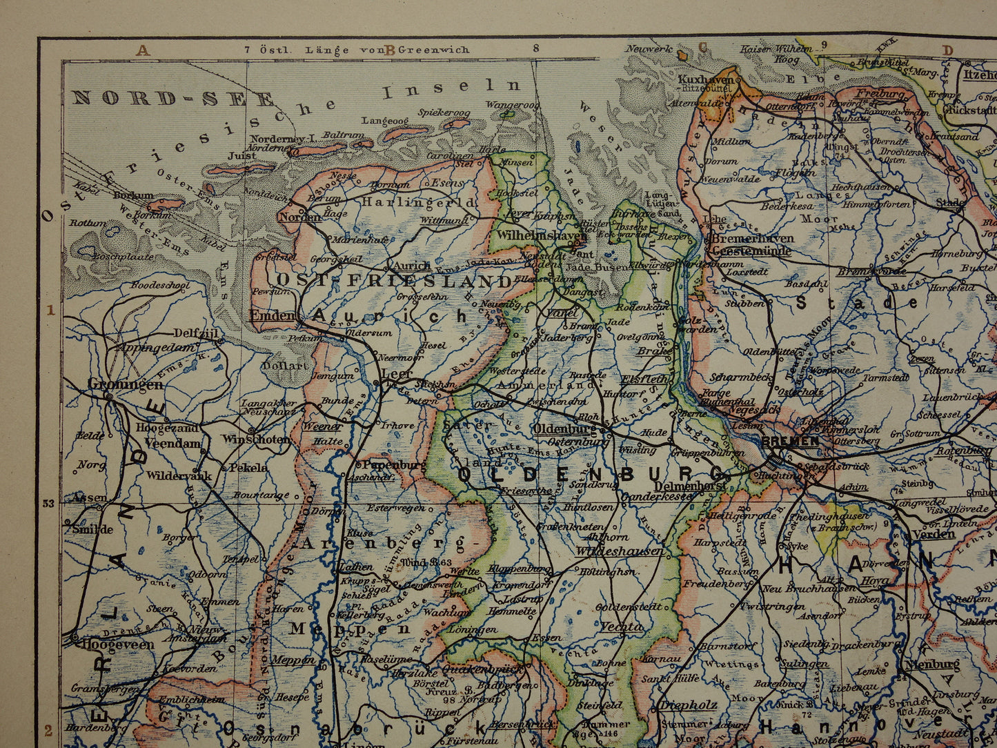 DUITSLAND oude kaart van Nedersaksen Hannover Bremen Hamburg 1906 originele antieke Duitse landkaart van noordwest Duitsland