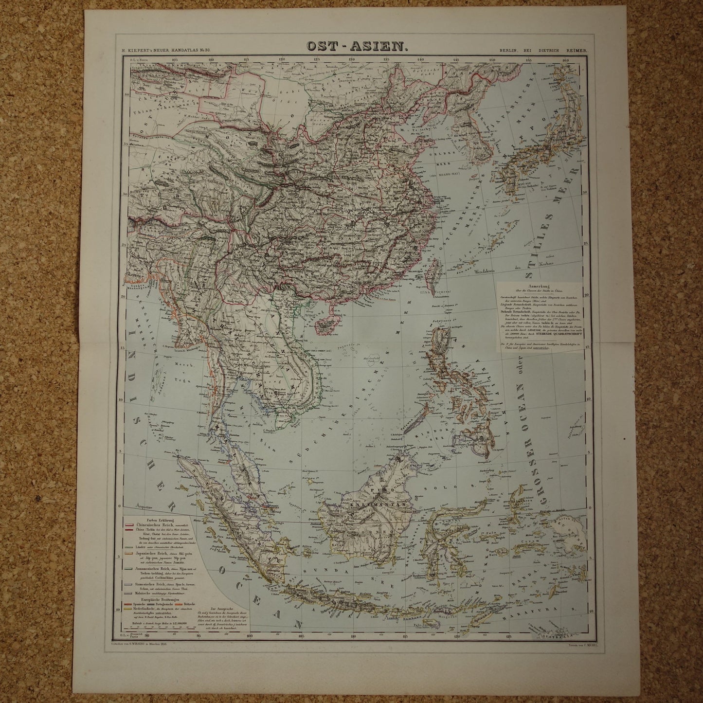 INDONESIË Grote oude kaart van oost Azië in 1856 originele antieke landkaart China Filipijnen Thailand Vietnam vintage poster