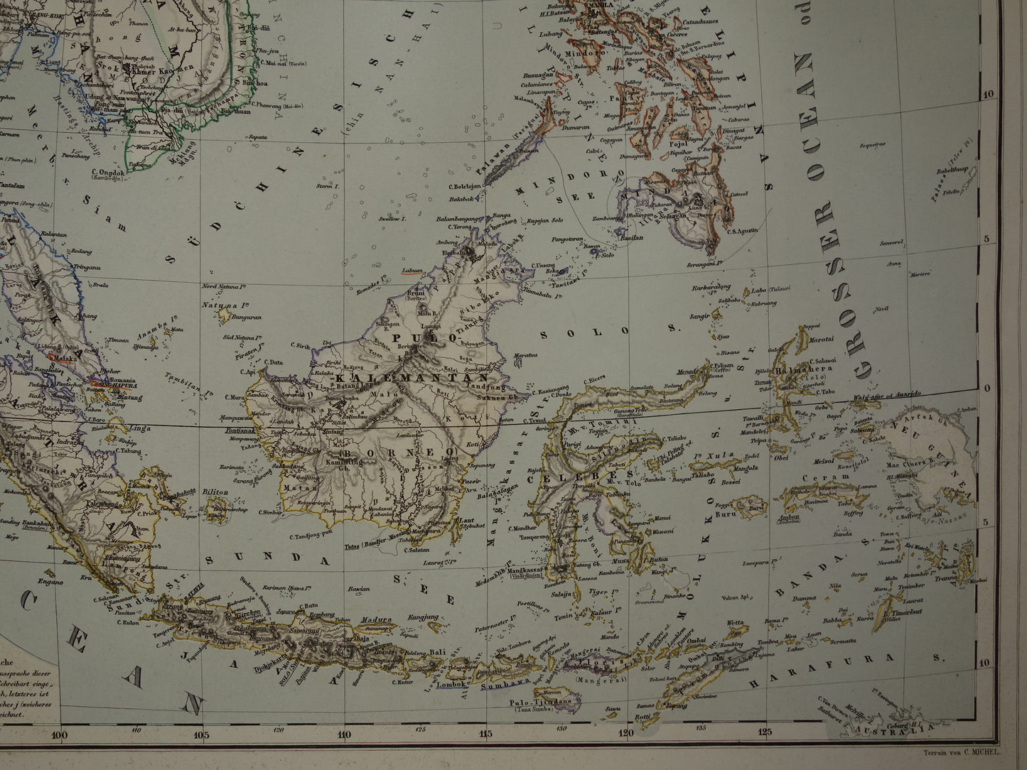 INDONESIË Grote oude kaart van oost Azië in 1856 originele antieke landkaart China Filipijnen Thailand Vietnam vintage poster