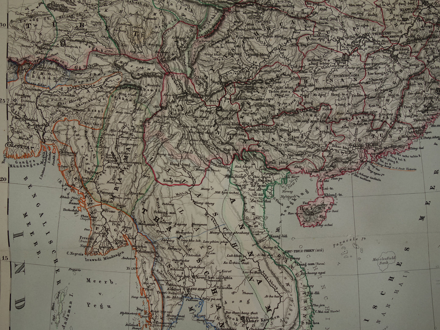 INDONESIË Grote oude kaart van oost Azië in 1856 originele antieke landkaart China Filipijnen Thailand Vietnam vintage poster