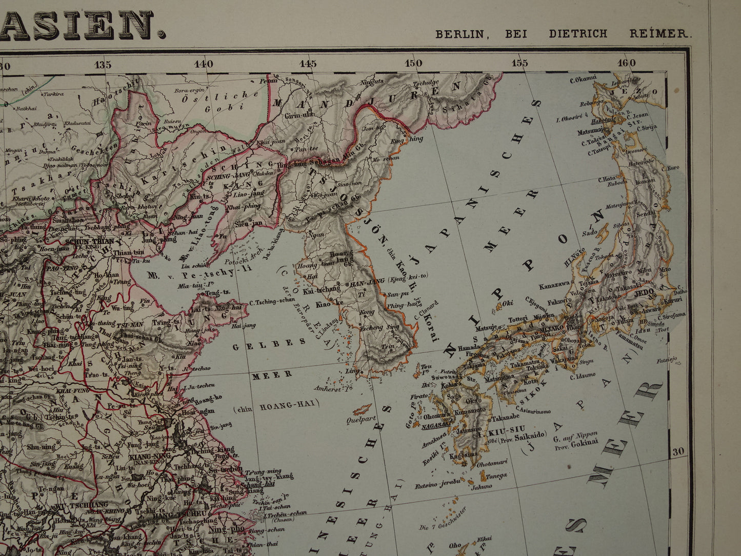 INDONESIË Grote oude kaart van oost Azië in 1856 originele antieke landkaart China Filipijnen Thailand Vietnam vintage poster