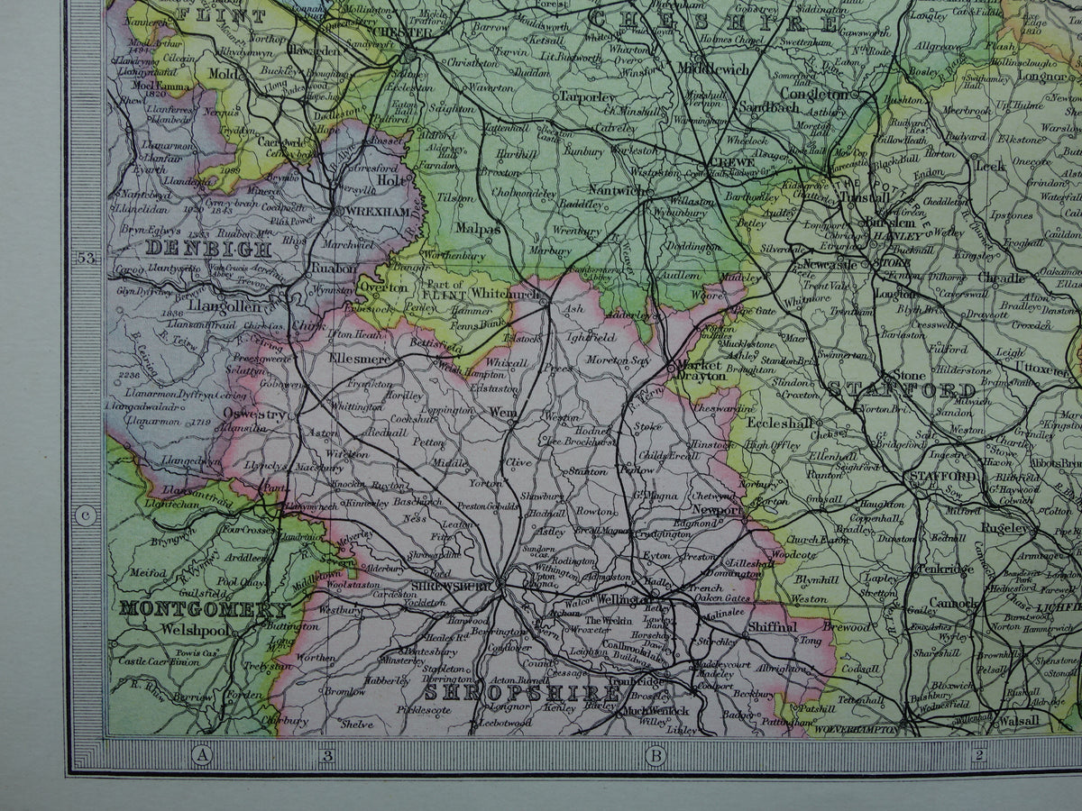 ENGLAND Alte Karte von Lincoln, York, Lancashire, 1890, originale alte englische Karte