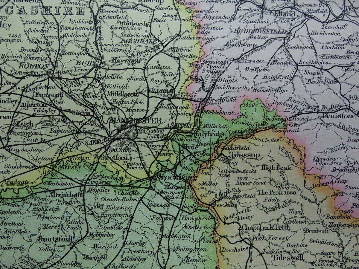ENGLAND Alte Karte von Lincoln, York, Lancashire, 1890, originale alte englische Karte