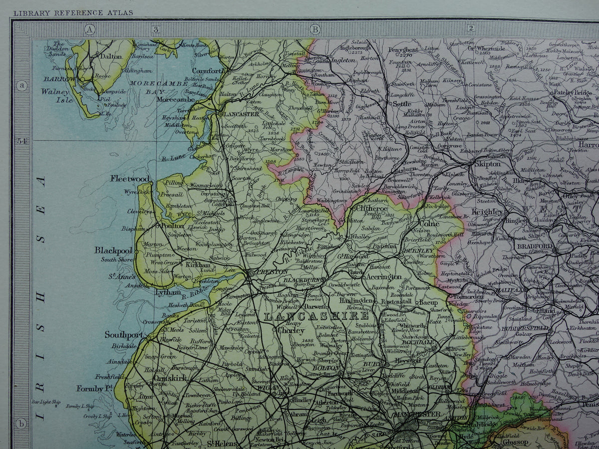 ENGLAND Alte Karte von Lincoln, York, Lancashire, 1890, originale alte englische Karte