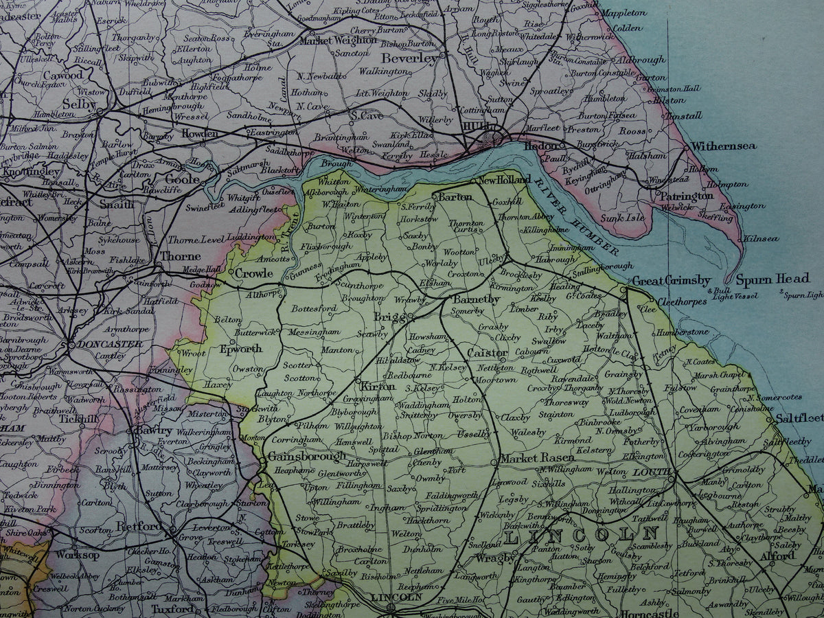 ENGLAND Alte Karte von Lincoln, York, Lancashire, 1890, originale alte englische Karte