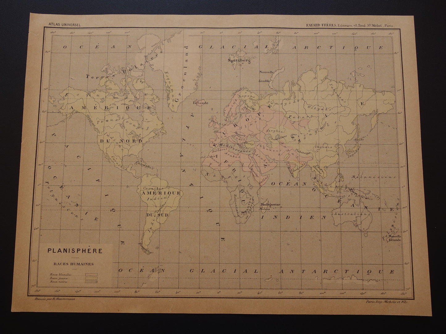 Originele oude antropologische wereldkaart over mensenrassen 1896 originele antieke Franse handgekleurde landkaart
