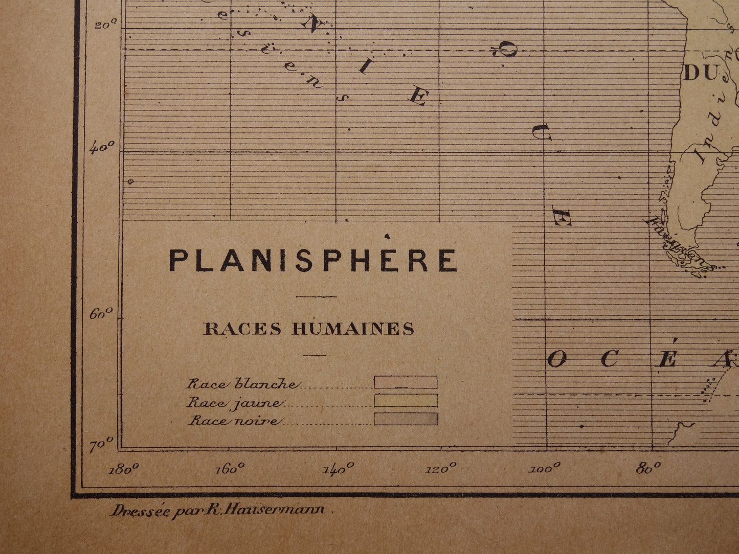 Originele oude antropologische wereldkaart over mensenrassen 1896 originele antieke Franse handgekleurde landkaart