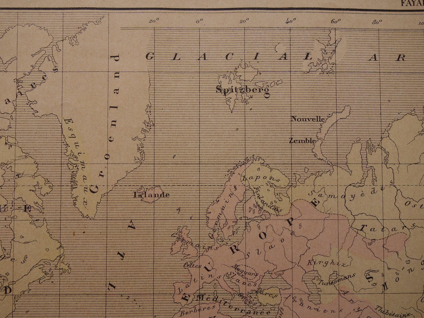 Originele oude antropologische wereldkaart over mensenrassen 1896 originele antieke Franse handgekleurde landkaart