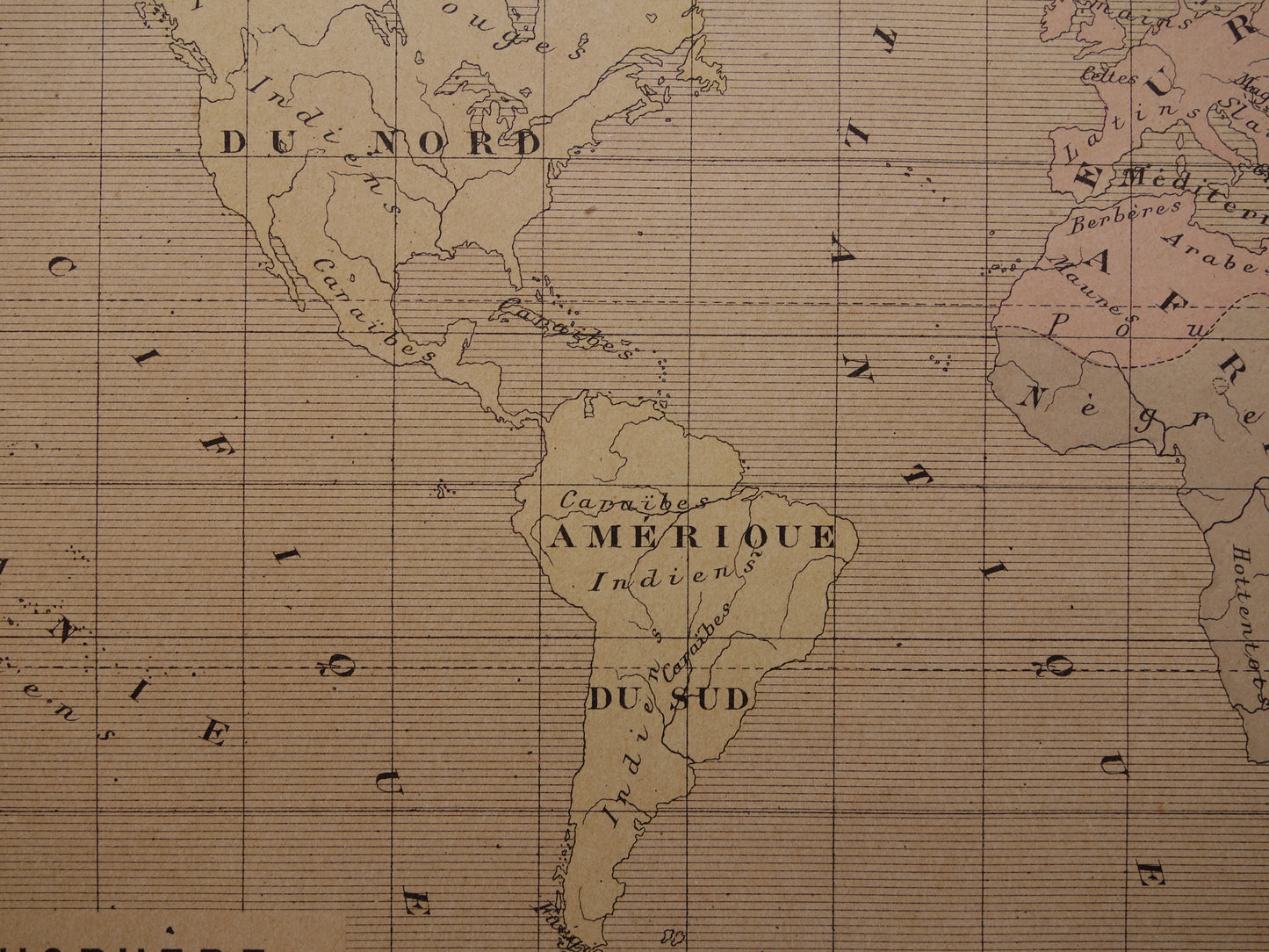 Originele oude antropologische wereldkaart over mensenrassen 1896 originele antieke Franse handgekleurde landkaart