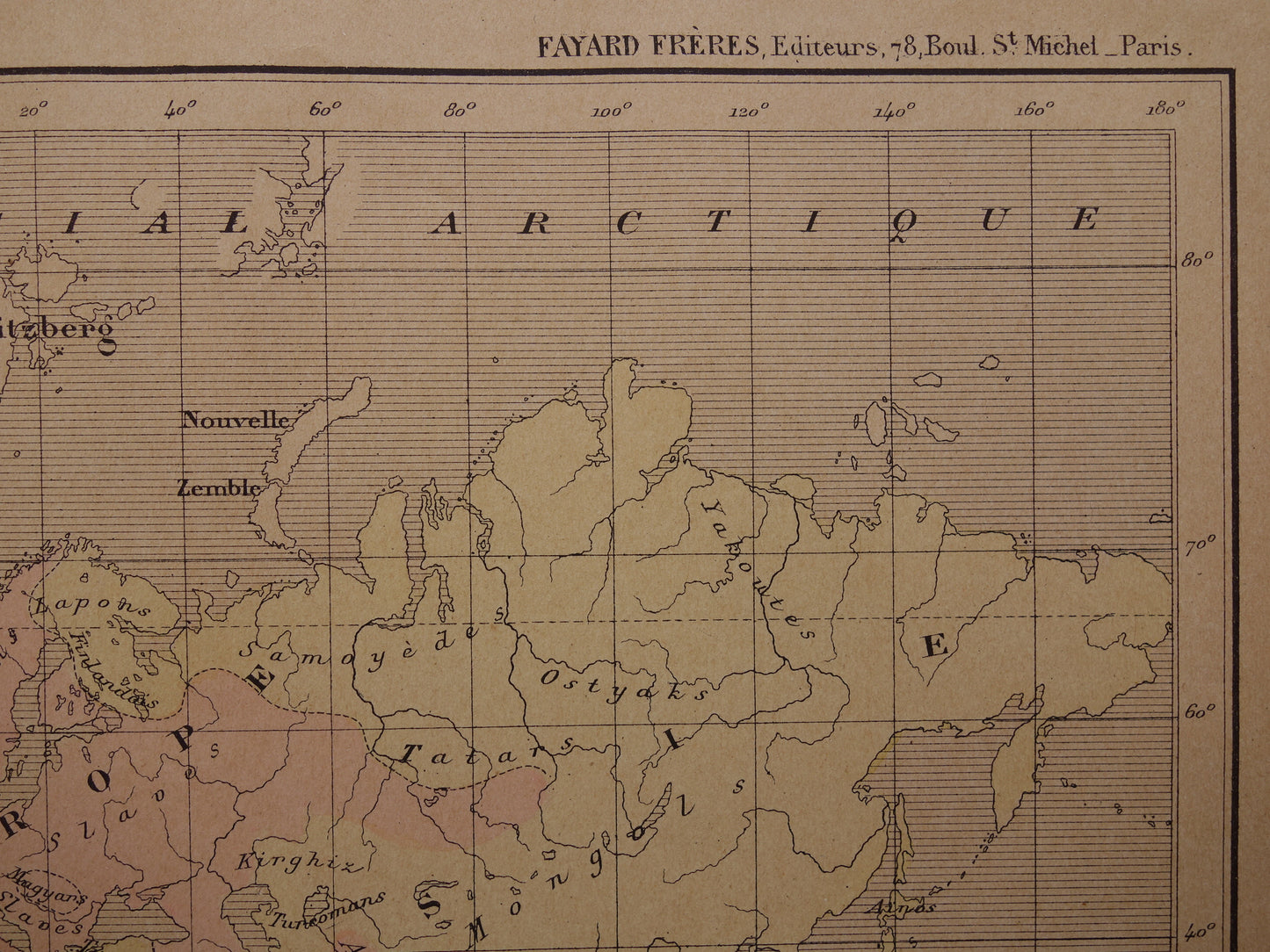 Originele oude antropologische wereldkaart over mensenrassen 1896 originele antieke Franse handgekleurde landkaart