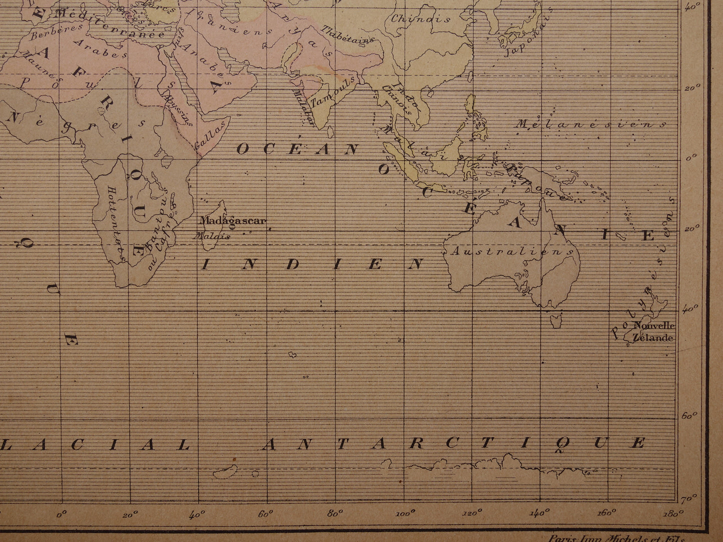 Originele oude antropologische wereldkaart over mensenrassen 1896 originele antieke Franse handgekleurde landkaart