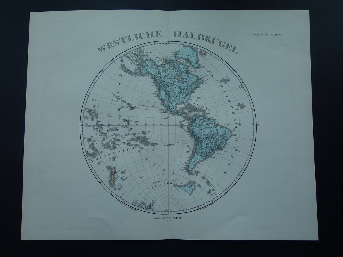 Antike Weltkarte der westlichen und östlichen Hemisphäre, Originalkarte der Welt, über 140 Jahre alt, in zwei Teilen