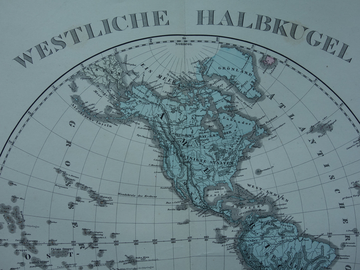 Antike Weltkarte der westlichen und östlichen Hemisphäre, Originalkarte der Welt, über 140 Jahre alt, in zwei Teilen