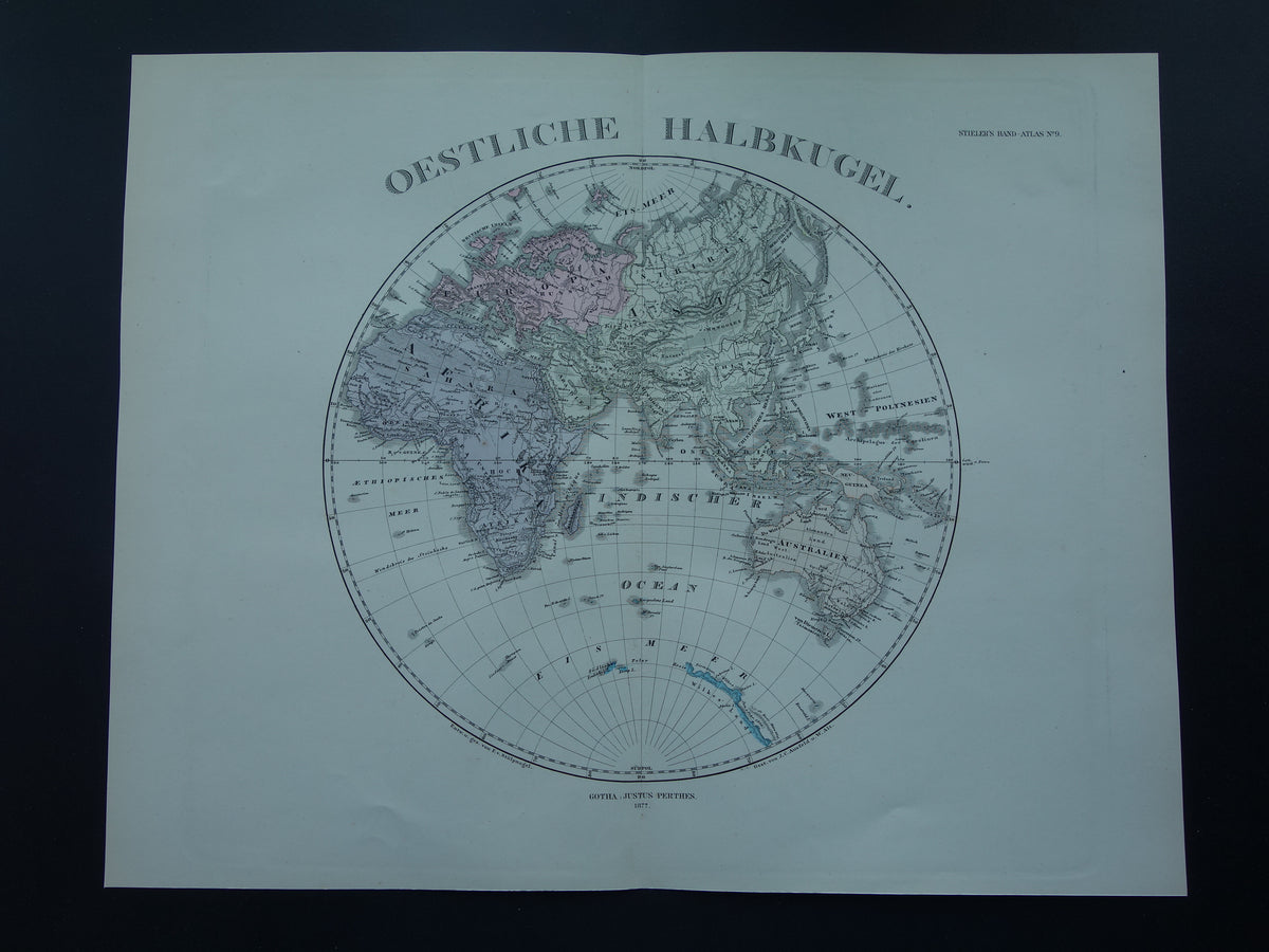 Antike Weltkarte der westlichen und östlichen Hemisphäre, Originalkarte der Welt, über 140 Jahre alt, in zwei Teilen