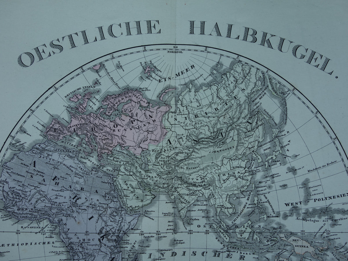 Antike Weltkarte der westlichen und östlichen Hemisphäre, Originalkarte der Welt, über 140 Jahre alt, in zwei Teilen