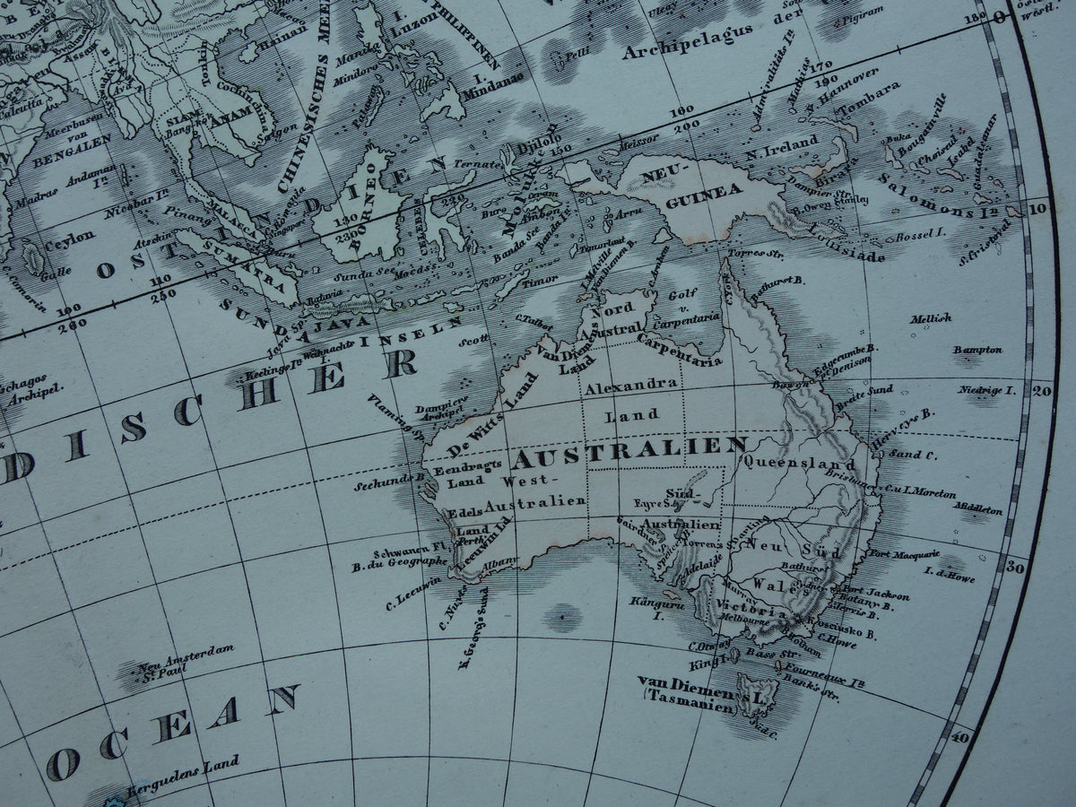 Antike Weltkarte der westlichen und östlichen Hemisphäre, Originalkarte der Welt, über 140 Jahre alt, in zwei Teilen