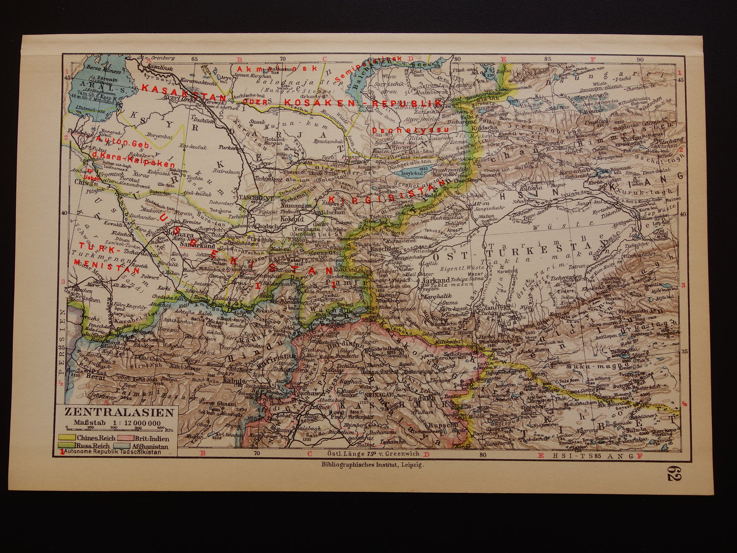CENTRAAL-AZIË oude landkaart van Tibet Turkestan Himalaya kleine antieke Duitse kaart Oezbekistan Kirgizië Tadzjikistan