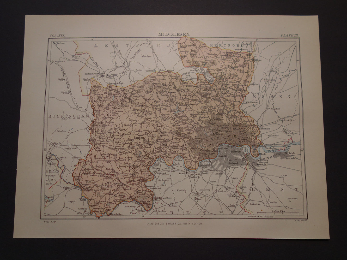 LONDEN antieke kaart van Middlesex Engeland uit 1883 originele vintage historische kaarten Londen en omgeving