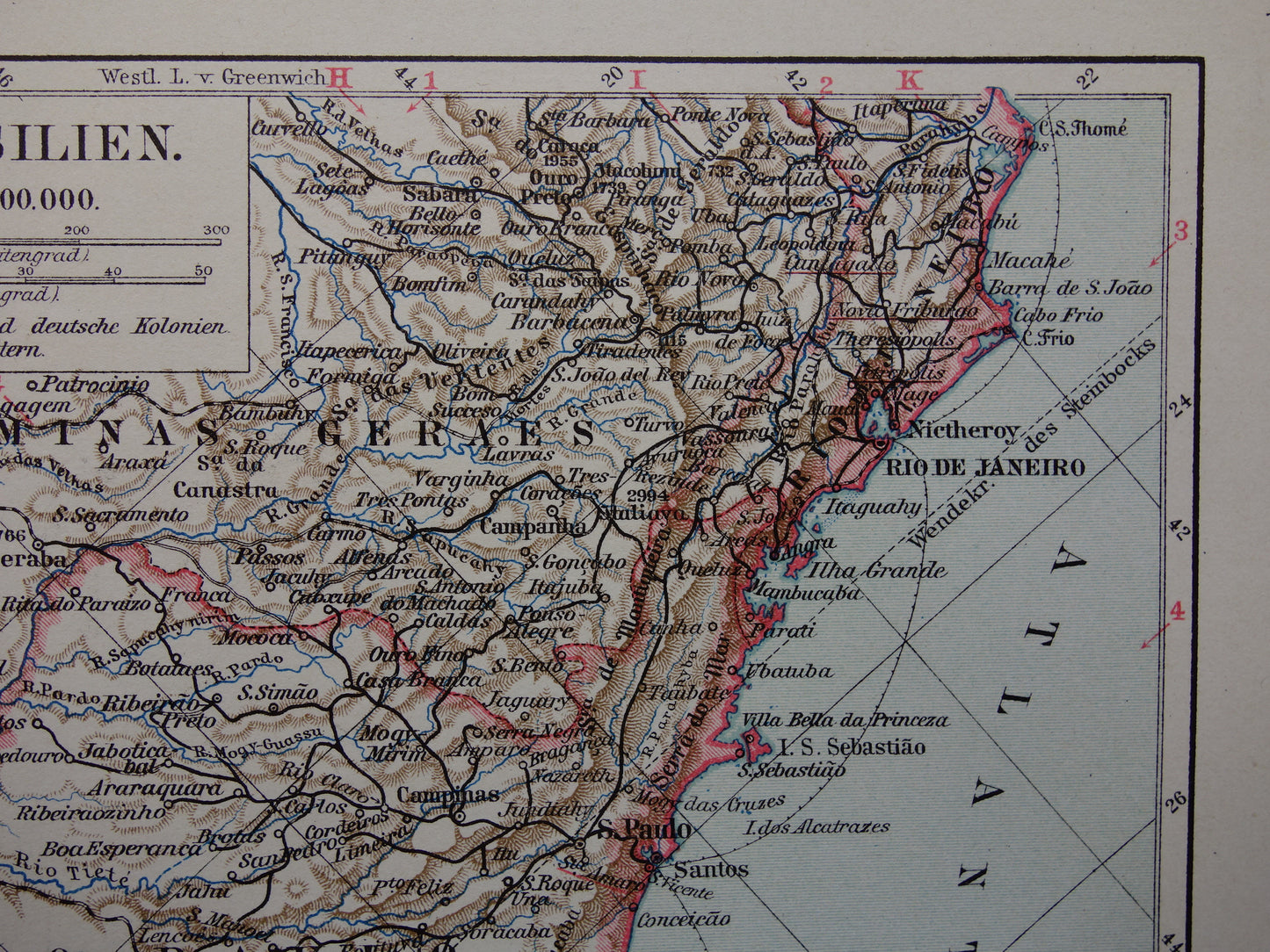 BRAZILIË oude landkaart van zuid-Brazilië 1913 originele antieke kleine kaart Rio Grande Rio de Janeiro
