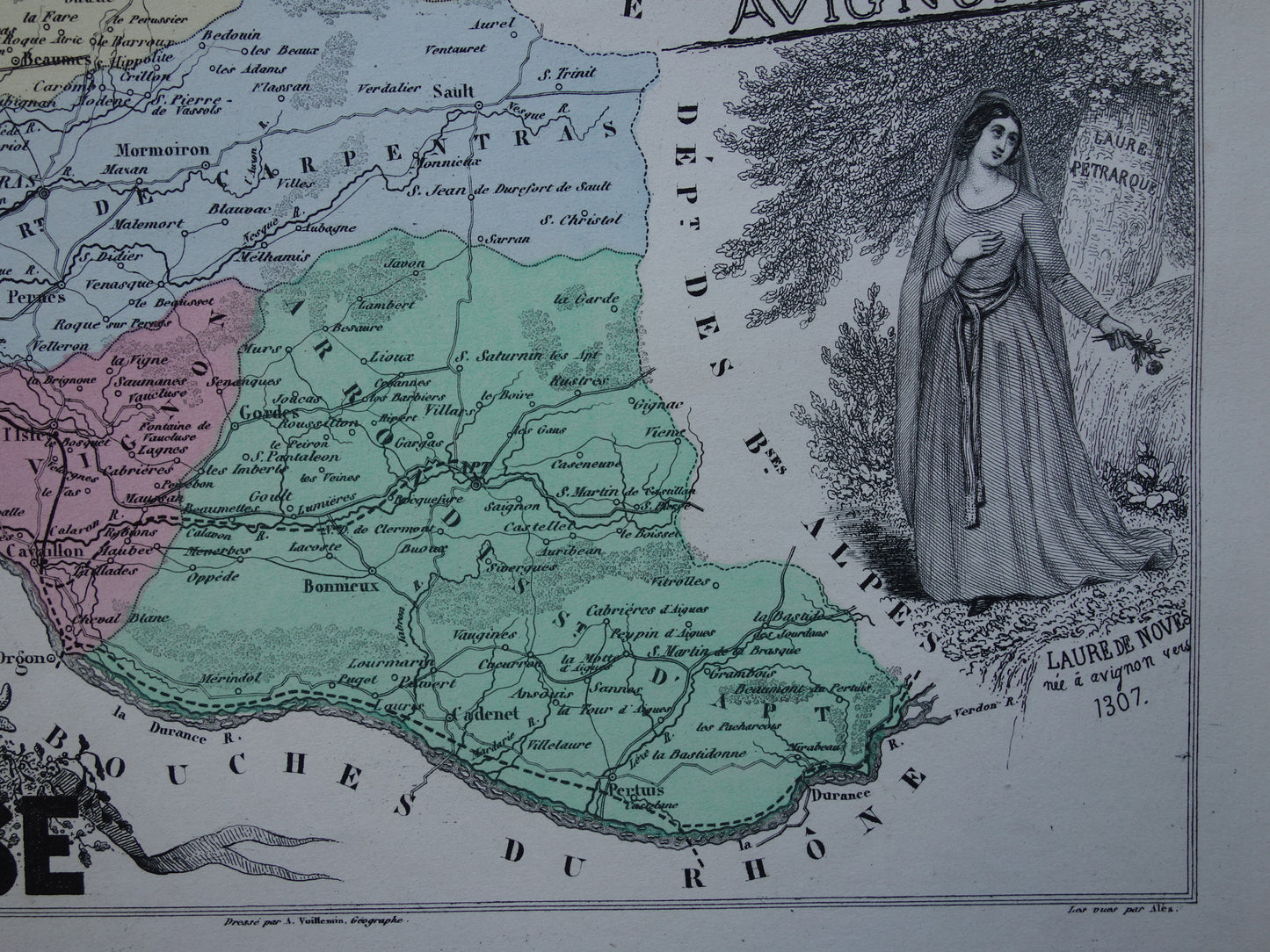 Oude kaart van Vaucluse departement in Frankrijk uit 1872 originele antieke handgekleurde landkaart Avignon