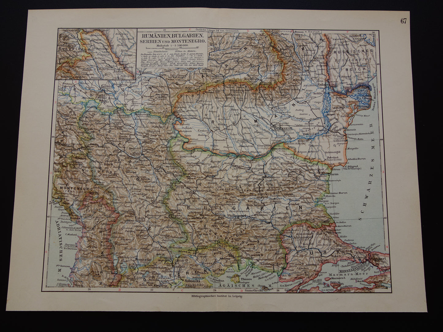 Oude kaart van Roemenië Bulgarije en Servië uit 1905 Balkan originele antieke print Varna Sofia Belgrado Boekarest vintage landkaarten