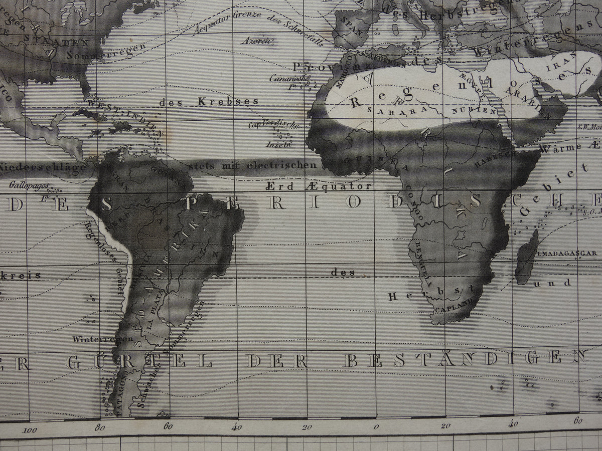 WORLD MAP old climate map of the world 1849 original antique map about meteorology climate precipitation rain