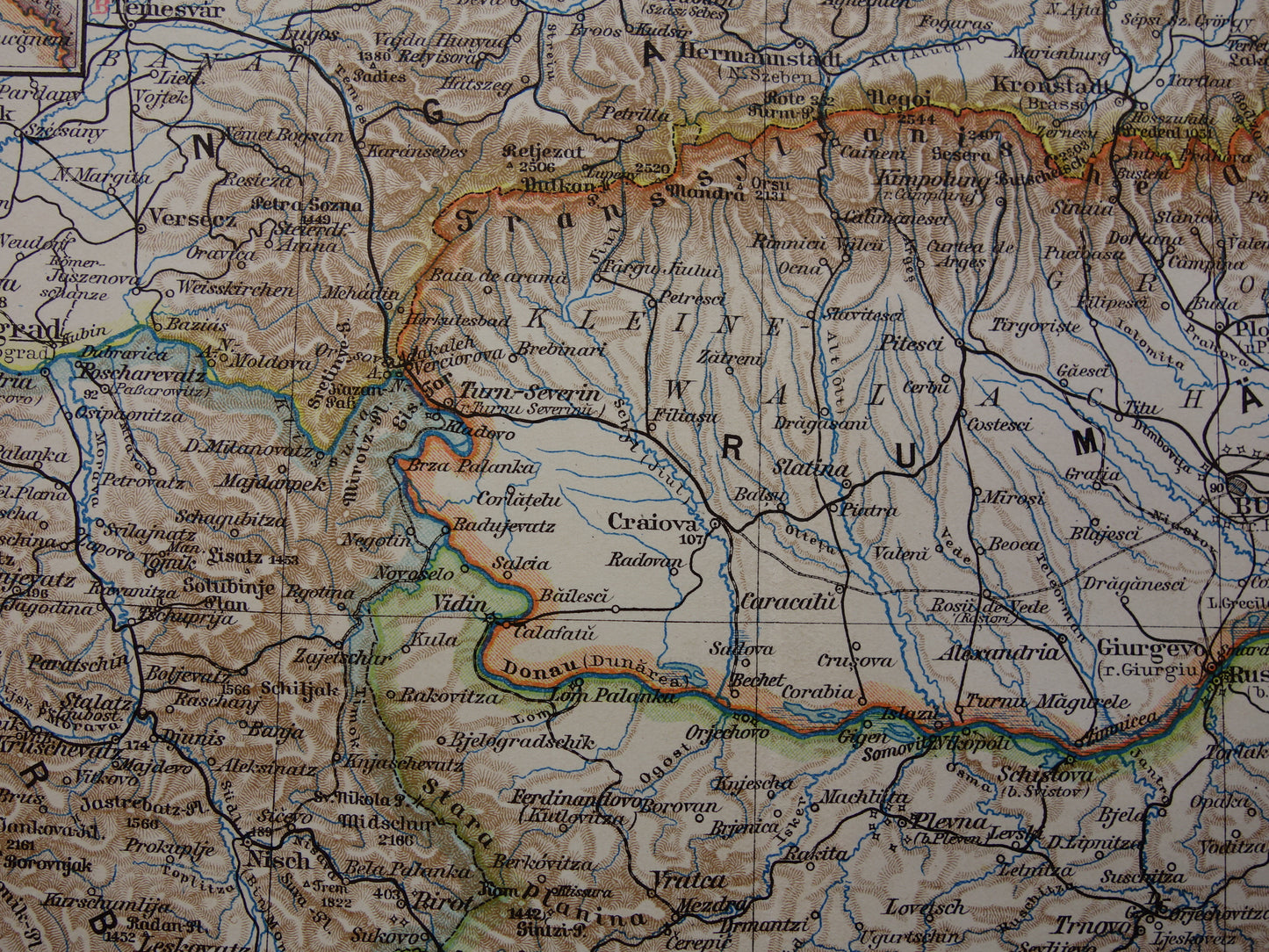 Oude kaart van Roemenië Bulgarije en Servië uit 1905 Balkan originele antieke print Varna Sofia Belgrado Boekarest vintage landkaarten