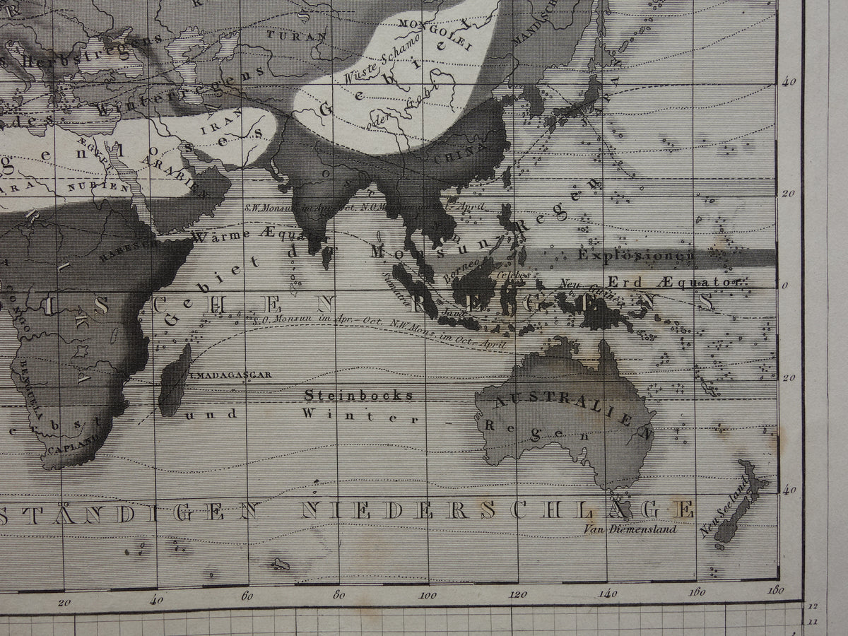 WORLD MAP old climate map of the world 1849 original antique map about meteorology climate precipitation rain